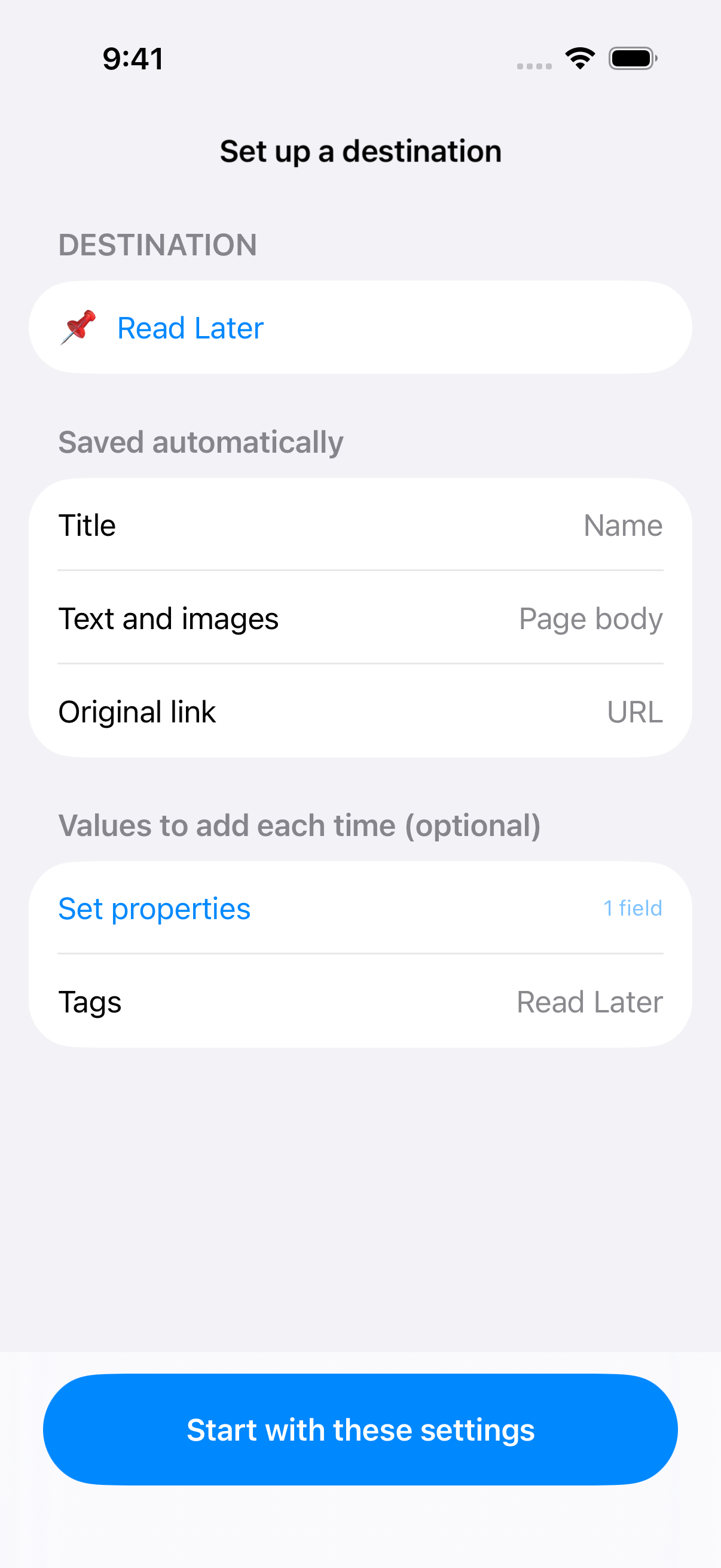 This destination adds the Read Later tag to saved articles.