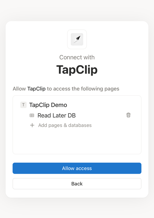 Selecting which page to grant access to on Notion's authorization screen