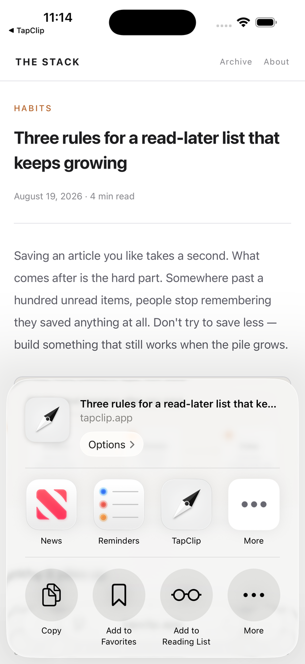 TapClip in the share sheet